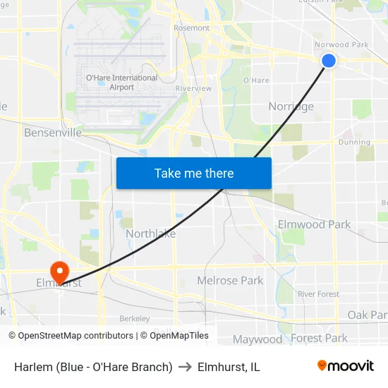 Harlem (Blue - O'Hare Branch) to Elmhurst, IL map