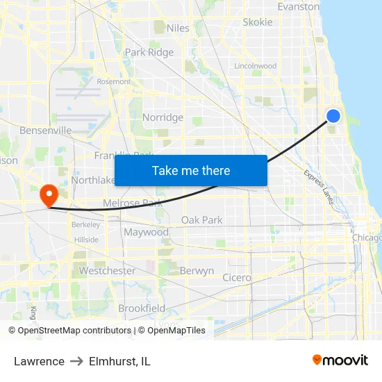 Lawrence to Elmhurst, IL map