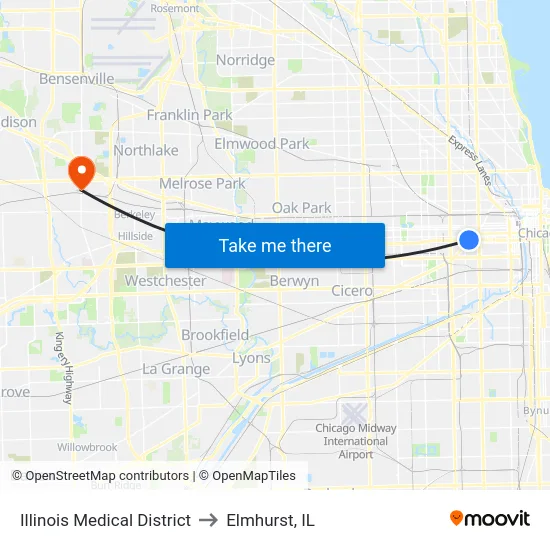Illinois Medical District to Elmhurst, IL map