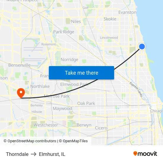 Thorndale to Elmhurst, IL map