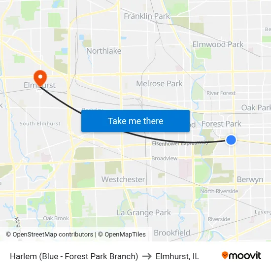 Harlem (Blue - Forest Park Branch) to Elmhurst, IL map