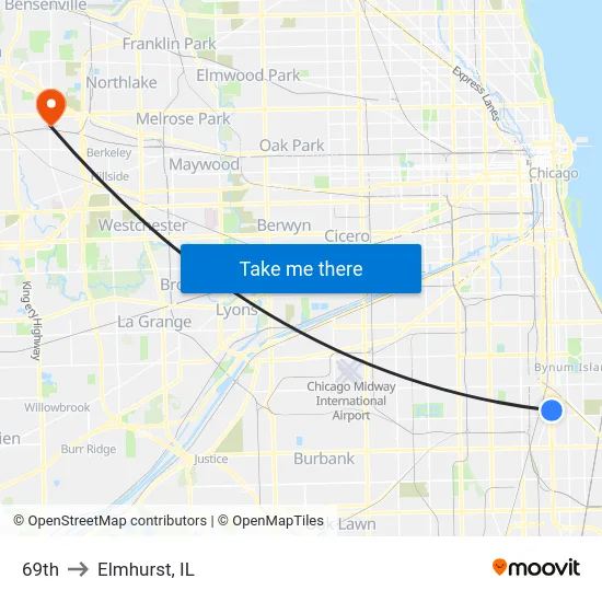 69th to Elmhurst, IL map