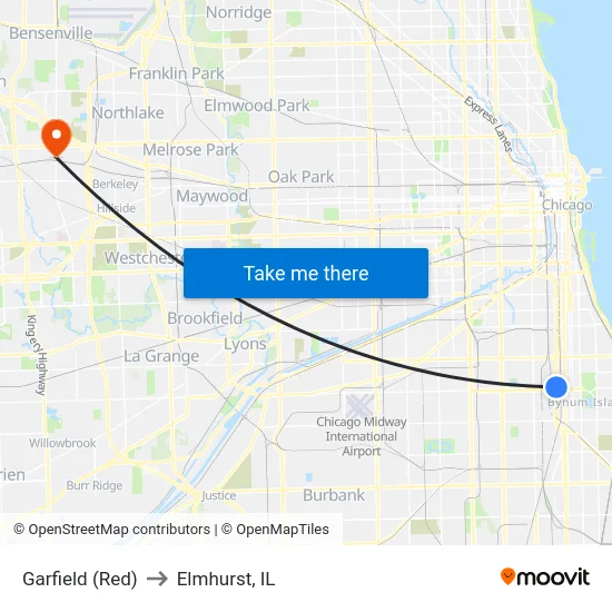 Garfield (Red) to Elmhurst, IL map