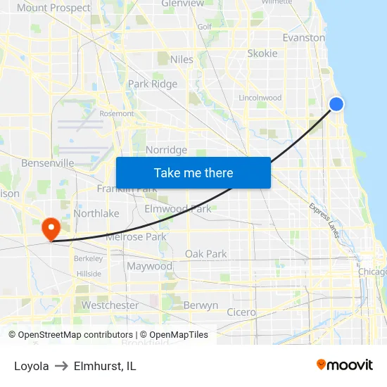 Loyola to Elmhurst, IL map