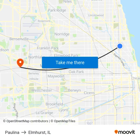 Paulina to Elmhurst, IL map