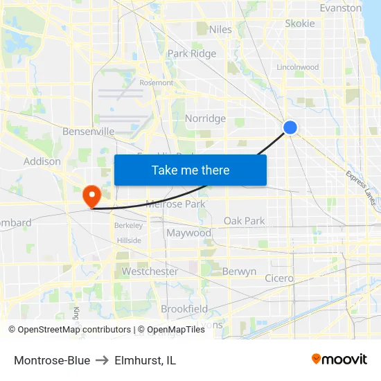 Montrose-Blue to Elmhurst, IL map