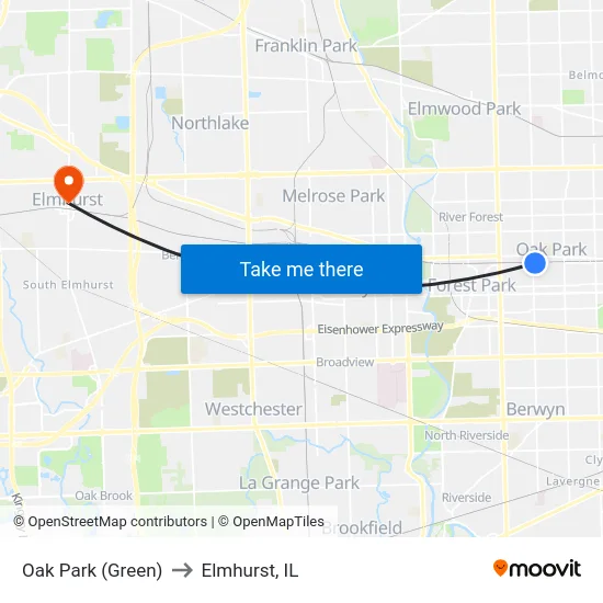 Oak Park (Green) to Elmhurst, IL map