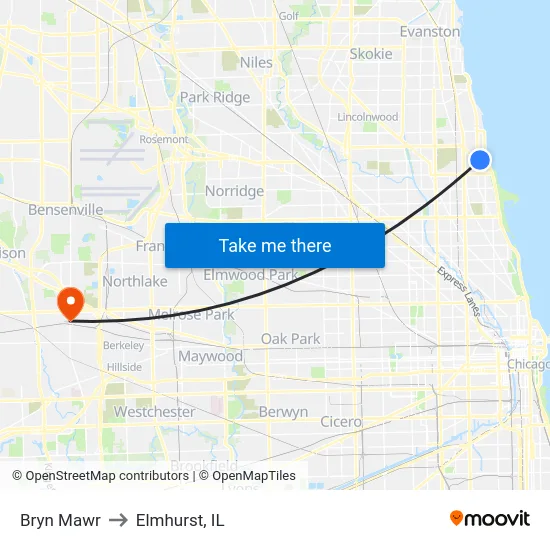 Bryn Mawr to Elmhurst, IL map