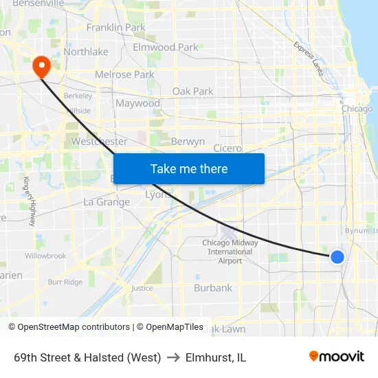69th Street & Halsted (West) to Elmhurst, IL map