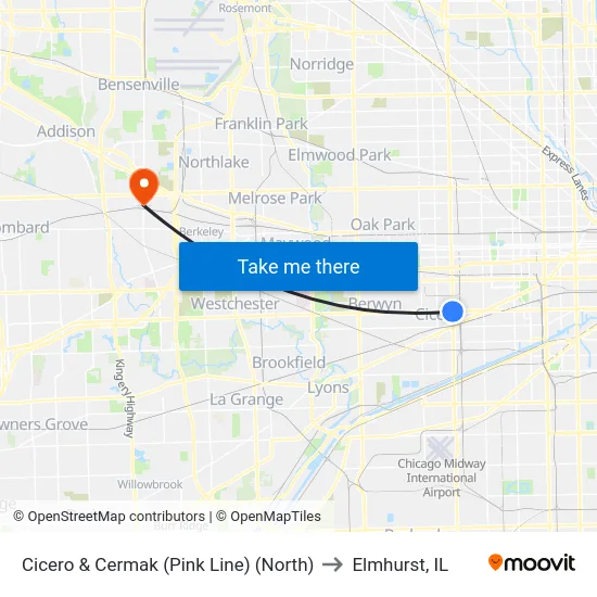Cicero & Cermak (Pink Line) (North) to Elmhurst, IL map