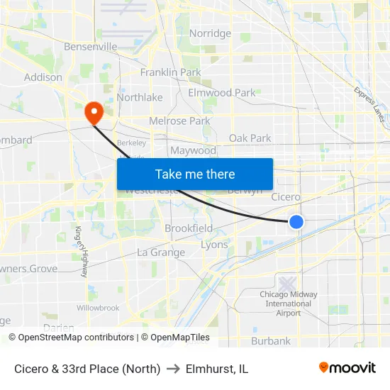 Cicero & 33rd Place (North) to Elmhurst, IL map