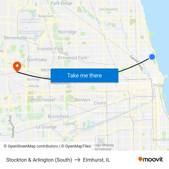 Stockton & Arlington (South) to Elmhurst, IL map
