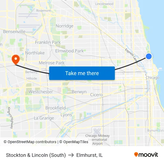 Stockton & Lincoln (South) to Elmhurst, IL map