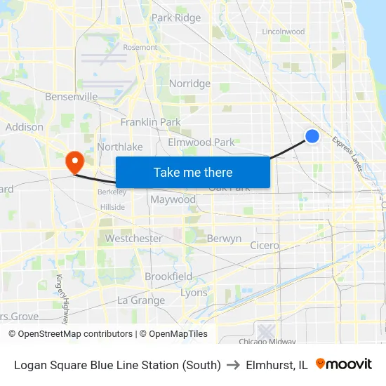 Logan Square Blue Line Station (South) to Elmhurst, IL map