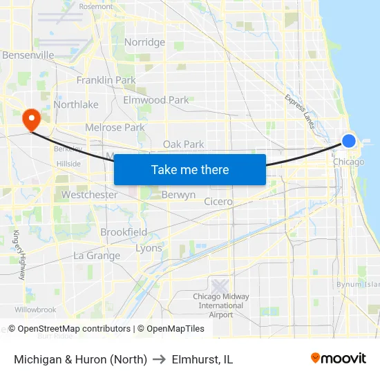 Michigan & Huron (North) to Elmhurst, IL map
