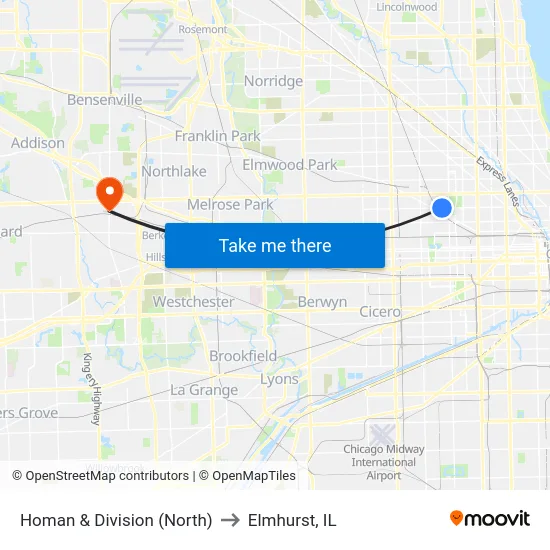 Homan & Division (North) to Elmhurst, IL map