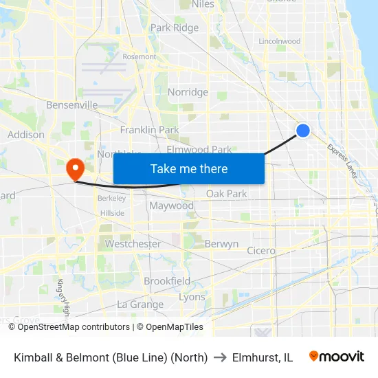 Kimball & Belmont (Blue Line) (North) to Elmhurst, IL map