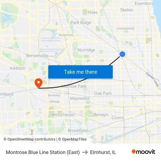 Montrose Blue Line Station (East) to Elmhurst, IL map