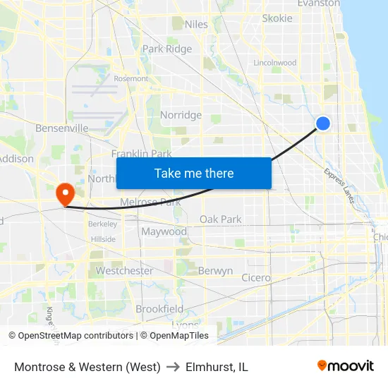 Montrose & Western (West) to Elmhurst, IL map