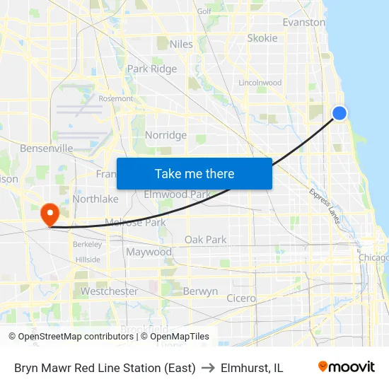 Bryn Mawr Red Line Station (East) to Elmhurst, IL map