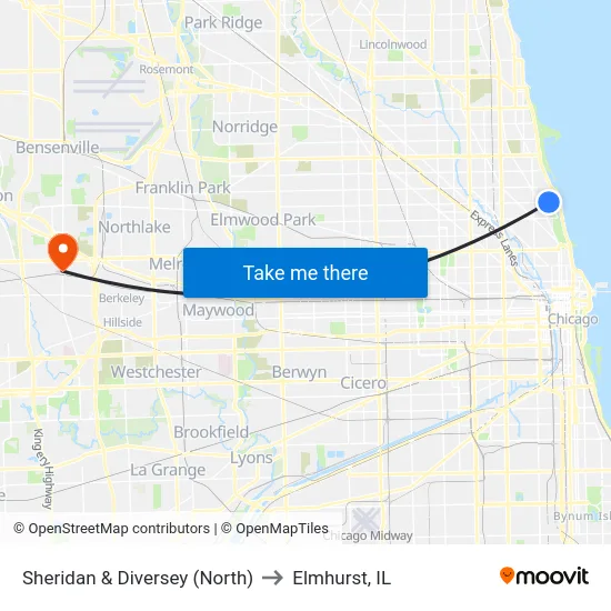 Sheridan & Diversey (North) to Elmhurst, IL map