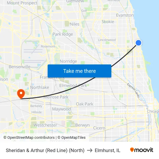 Sheridan & Arthur (Red Line) (North) to Elmhurst, IL map