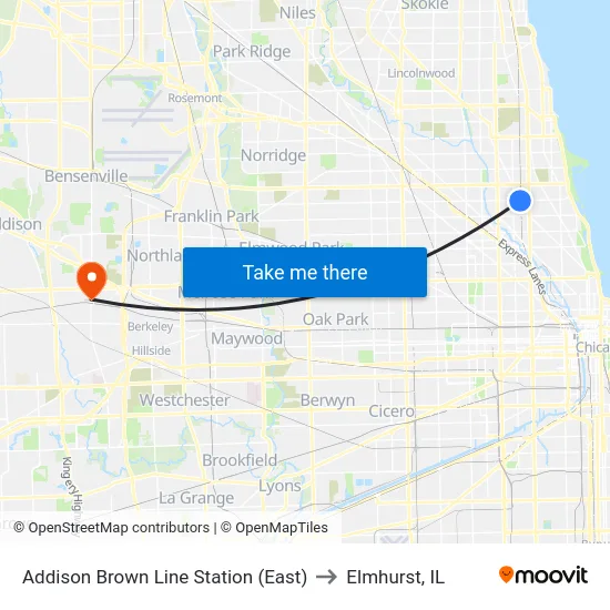 Addison Brown Line Station (East) to Elmhurst, IL map