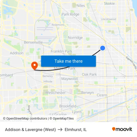 Addison & Lavergne (West) to Elmhurst, IL map