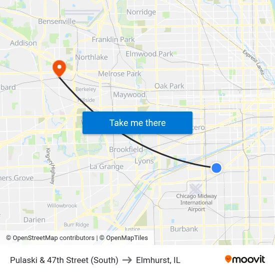 Pulaski & 47th Street (South) to Elmhurst, IL map
