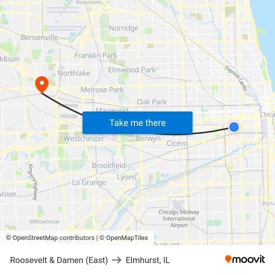 Roosevelt & Damen (East) to Elmhurst, IL map