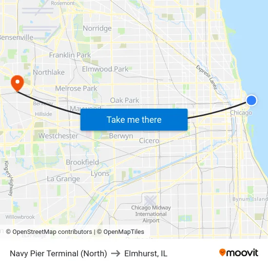 Navy Pier Terminal (North) to Elmhurst, IL map