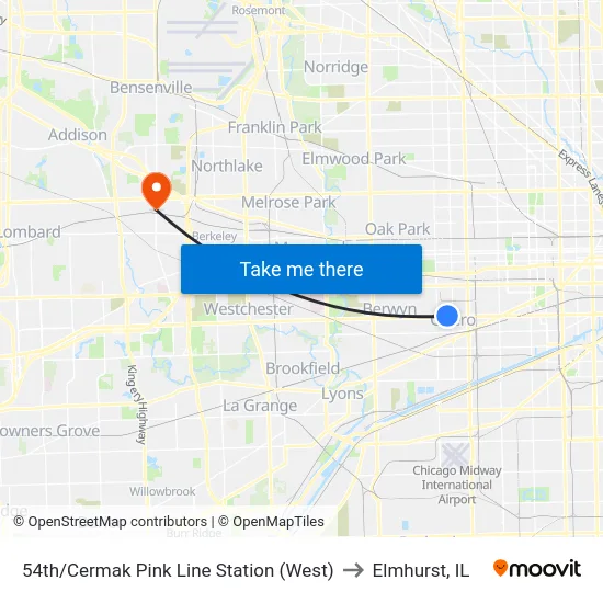 54th/Cermak Pink Line Station (West) to Elmhurst, IL map