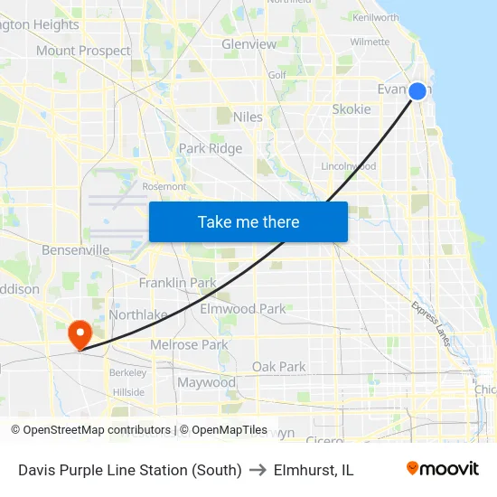 Davis Purple Line Station (South) to Elmhurst, IL map