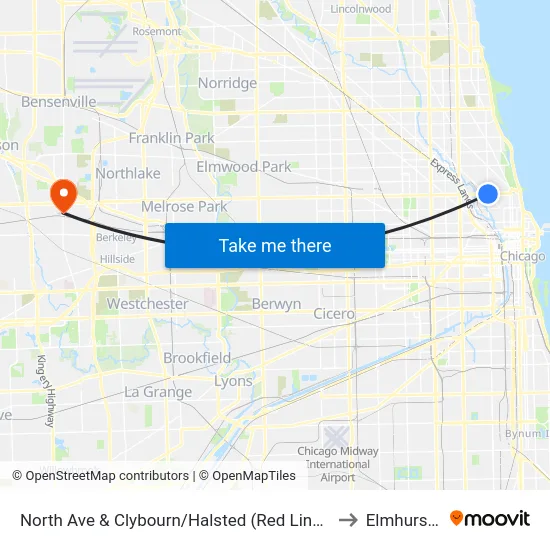 North Ave & Clybourn/Halsted (Red Line) (West) to Elmhurst, IL map