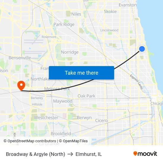 Broadway & Argyle (North) to Elmhurst, IL map