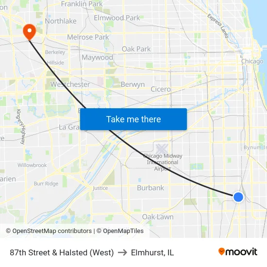 87th Street & Halsted (West) to Elmhurst, IL map