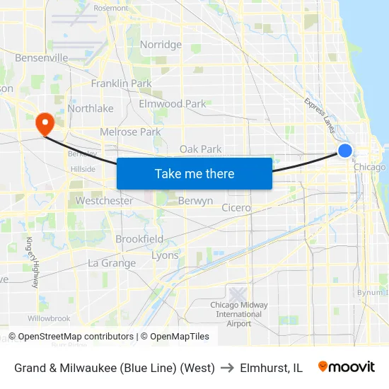 Grand & Milwaukee (Blue Line) (West) to Elmhurst, IL map