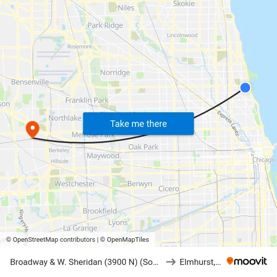 Broadway & W. Sheridan (3900 N) (South) to Elmhurst, IL map