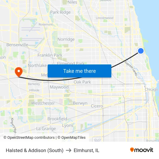 Halsted & Addison (South) to Elmhurst, IL map