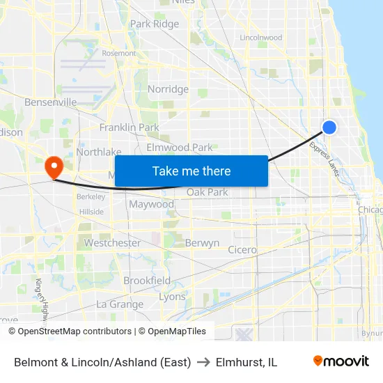 Belmont & Lincoln/Ashland (East) to Elmhurst, IL map