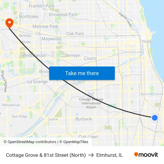 Cottage Grove & 81st Street (North) to Elmhurst, IL map