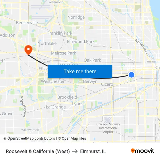 Roosevelt & California (West) to Elmhurst, IL map