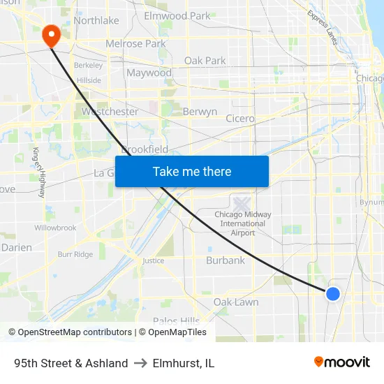95th Street & Ashland to Elmhurst, IL map