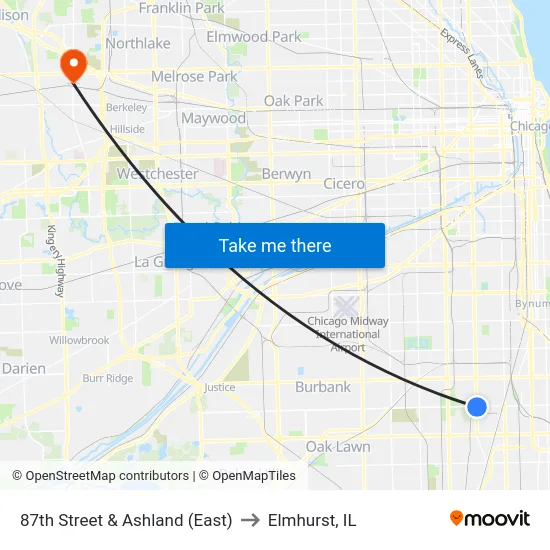 87th Street & Ashland (East) to Elmhurst, IL map