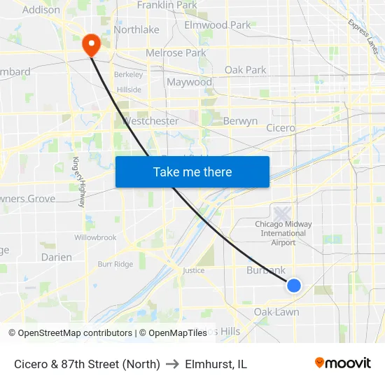 Cicero & 87th Street (North) to Elmhurst, IL map