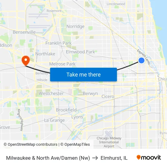 Milwaukee & North Ave/Damen (Nw) to Elmhurst, IL map
