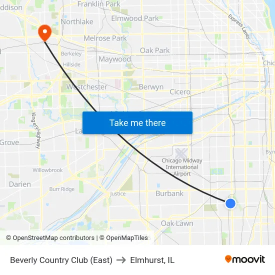 Beverly Country Club (East) to Elmhurst, IL map