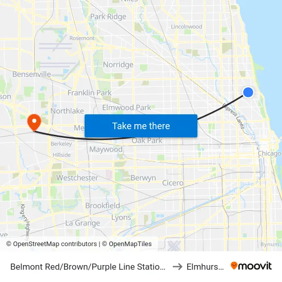 Belmont Red/Brown/Purple Line Station (East) to Elmhurst, IL map