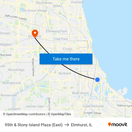95th & Stony Island Plaza (East) to Elmhurst, IL map