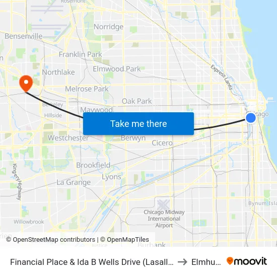 Financial Place & Ida B Wells Drive (Lasalle St Station) (North) to Elmhurst, IL map